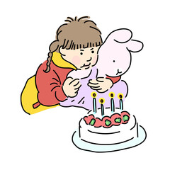 誕生日会のイラスト　小さな女の子とバースデーケーキ