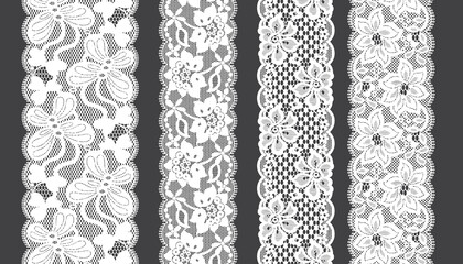 Set Of Lace Trim Vectors. Jacquard Mesh Lace Fabric. - obrazy, fototapety, plakaty