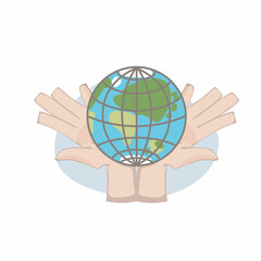 Isolated vector illustration of earth globe in human hands for ecology and environmental protection theme. Single hand drawn cartoon flat image for printing on t-shirts, advertising, polygraphy.