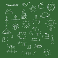 Set of school icons imitation of chalk and slate pencil.Vector illustration. 