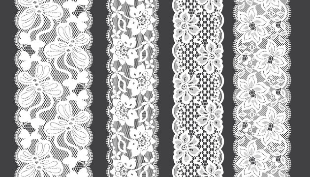 Set Of Lace Trim Vectors. Jacquard Mesh Lace Fabric.