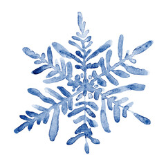 Blue watercolor snowflake. Scandinavian national ornament, sign of winter, cold weather, symbol of happy New Year. Hand painted drawing isolated on white background.