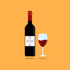 WINE, BOTTLE AND WINE GLASS, ON YELLOW BACKGROUND, Art & Illustration