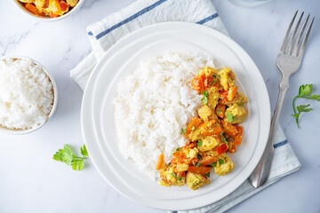 Curry chicken with rice in a plate