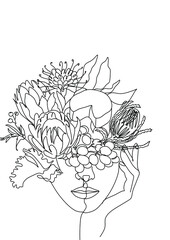Love yourself. Love your body concept. Girl Healthcare Skincare. Take time for your self. Vector illustration. Woman hugging herself with flowers on white background. Line art drawing