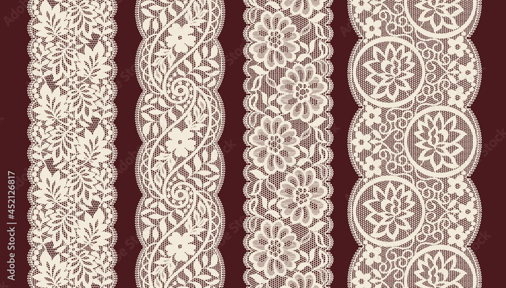 Poster Set Of Lace Trim Vectors. Jacquard Mesh Lace Fabric.