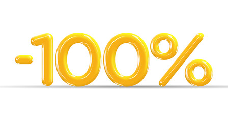 100 percent Off. Discount creative composition of golden or yellow balloons. 3d mega sale or one hundred percent bonus symbol on white background. Sale banner and poster. Vector illustration.