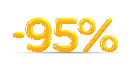 95 percent Off. Discount creative composition of golden or yellow balloons. 3d mega sale or ninety five percent bonus symbol on white background. Sale banner and poster. Vector illustration.