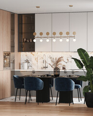 Modern kitchen with bright accents and gold chandelier - obrazy, fototapety, plakaty