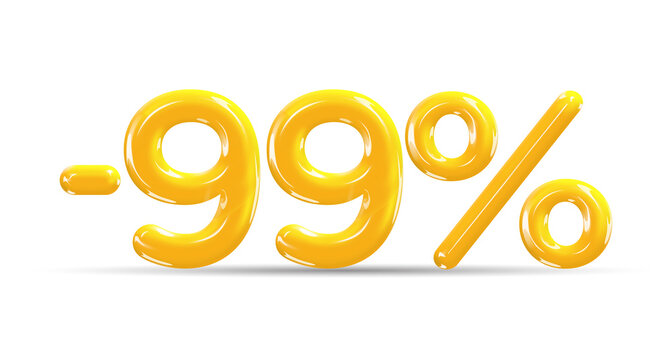99 percent Off. Discount creative composition of golden or yellow balloons. 3d mega sale or ninety nine percent bonus symbol on white background. Sale banner and poster. Vector illustration.