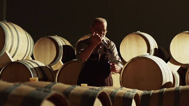 Winemaker checking on wine by sampling pipette . Man testing wine in a factory or warehouse . Portrait of a senior well-dressed winemaker checking the wine . Shot on ARRI ALEXA Camera Slow Motion .