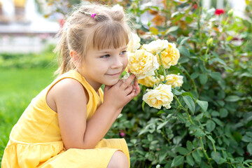 cute caucasian little girl in a yellow dress near yellow roses