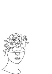 Flower face woman line drawing. Modern continuous line art. Women line art. Beauty salon logo. Coloring book. Botanical print. Nature symbol of cosmetics. Fashion logo.