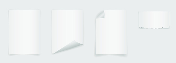 Empty paper template. Realistic A4 mockup with curled corner on background with shadow. Half torn page. Isolated vector illustrator.