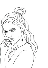 Woman face in single line art style. Continuous one line portrait. Continuous line art Woman face. Elegant minimalistic portrait for prints, tattoos, posters, textiles, postcards. Vector illustration