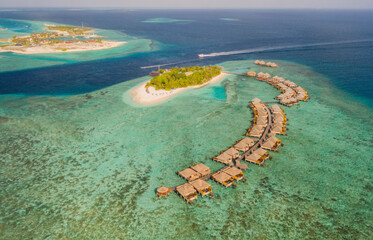 Adaaran Prestige Vadoo resort, Maldives. Aerial drone shot. July 2021.