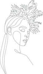 Flower face woman line drawing. Modern continuous line art. Women line art. Beauty salon logo. Coloring book. Botanical print. Nature symbol of cosmetics. Fashion logo.