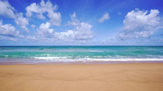 Summer sandy beach Amazing sea clear blue sky and white clouds Wave crashing on sandy shore empty beach at Phuket Thailand, Empty beach Concept Travel and season tour website background