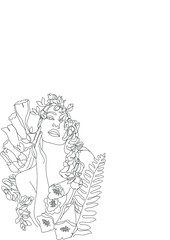 Fototapeta na wymiar Flower face woman line drawing. Modern continuous line art. Women line art. Beauty salon logo. Coloring book. Botanical print. Nature symbol of cosmetics. Fashion logo.