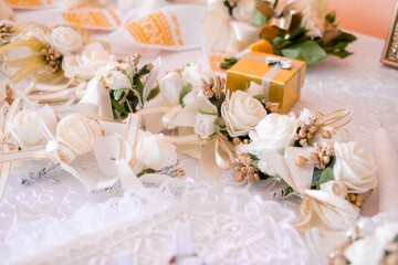 Fototapeta na wymiar Wedding bouquets of brides. Box for wedding rings. Wedding traditions in Ukraine