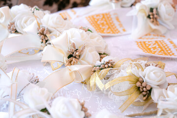 Wedding bouquets of the bride in gold tones.   Wedding traditions in Ukraine