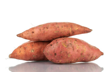 Three fresh organic sweet potatoes, close-up, isolated on white.
