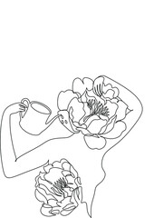 Flower face woman line drawing. Modern continuous line art. Women line art. Beauty salon logo. Coloring book. Botanical print. Nature symbol of cosmetics. Fashion logo.