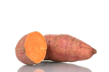 One whole and one half fresh juicy sweet potato, close-up, isolated on white.