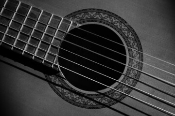 monochrome acoustic guitar close up black and white beautiful background