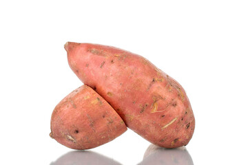 One whole and one half fresh juicy sweet potato, close-up, isolated on white.