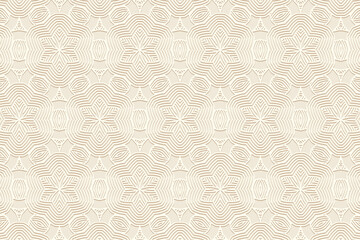 Geometric volumetric convex ethnic 3D pattern. Embossed light beige background in oriental, indonesian, mexican, aztec styles. Artistic floral texture, vintage ornament.