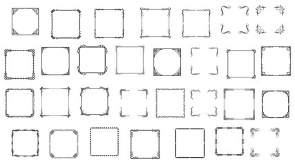 Obraz premium Big Set Black Simple Line Frame Collection Doodle Square Floral Frame Elements Vector Design Style Sketch Isolated Illustration For Banner