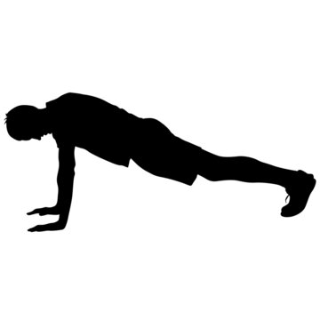 Silhouette people in different poses bent over on a white background