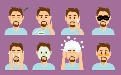 a man takes care of his face with various actions. set of vector illustrations of man isolated on purple background.