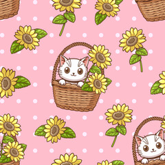 Seamless pattern of little white cat in a basket and sunflowers with polka dots on the back. Light pink background, This pattern can be used as part of a design or as a wallpaper.