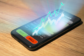Fictional Neo-Broker App on a smartphone, more charts and analysis on displays in the background, Broker, Trading, Investing, Exchange Trading, Stock Trading, Neobroker, 2021