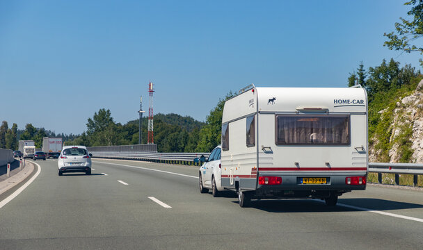 Slovenia - August 10, 2021: A picture of an RV - mobile home on a Slovenian highway.