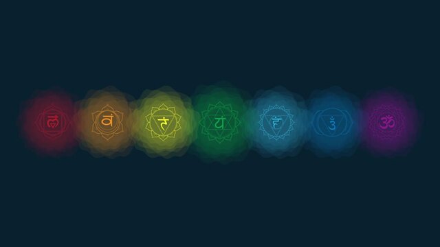 Motion graphic animated chakras set: muladhara, swadhisthana, manipura, anahata, vishuddha, ajna, sahasrara. Icon with rounded circle smoke aura