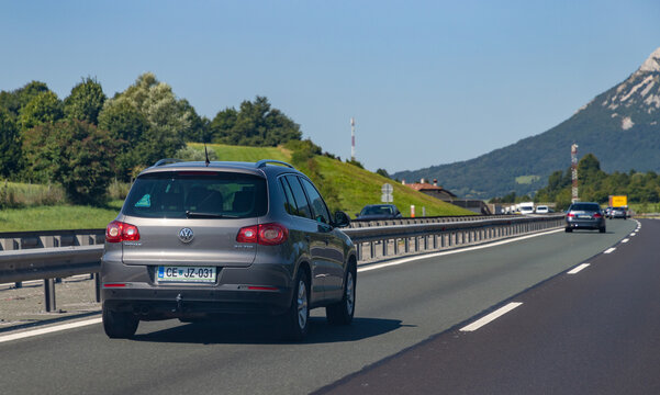 Slovenia - August 10, 2021: A picture of a Volkswagen Tiguan 2.0 TDI on a Slovenian highway.