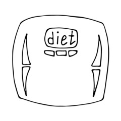 Doodle floor scales, hand-drawn, icon with doodles. Health and diet, a device for measuring weight, the concept of overweight. Vector illustration of a sketch for the Internet, print, design.