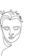Woman line art beauty logo. Surreal Line art female floral girl. Abstract face with plants by  line drawing. Portrait minimalistic style. Nature symbol of cosmetics. Botanical logo. 
