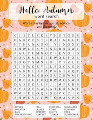 Hello Autumn word search puzzle. 16  autumn themed words to find.  Printable educational game for children. Crossword for learning English words. Vector illustration