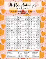 Fotobehang Hello Autumn word search puzzle. 16  autumn themed words to find.  Printable educational game for children. Crossword for learning English words. Vector illustration © Lagoon Nebula