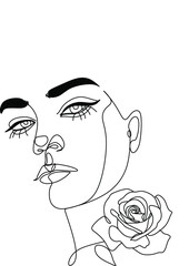 Woman line art beauty logo. Surreal Line art female floral girl. Abstract face with plants by  line drawing. Portrait minimalistic style. Nature symbol of cosmetics. Botanical logo. 
