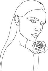 Line Drawing. Abstract face with flowers  and leaves by one line drawing. Modern continuous line art. Women line art. Beauty salon logo. Coloring book. Botanical print. Nature symbol of cosmetics.