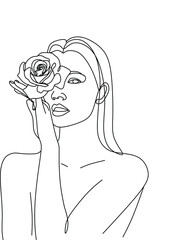 Line Drawing. Abstract face with flowers  and leaves by one line drawing. Modern continuous line art. Women line art. Beauty salon logo. Coloring book. Botanical print. Nature symbol of cosmetics.