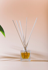 aromatic reed diffuser glass bottle on a light background