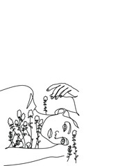 Line Drawing. Abstract face with flowers  and leaves by one line drawing. Modern continuous line art. Women line art. Beauty salon logo. Coloring book. Botanical print. Nature symbol of cosmetics.