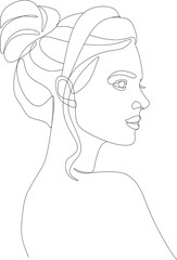 Woman face in single line art style. Continuous one line portrait. Continuous line art Woman face. Elegant minimalistic portrait for prints, tattoos, posters, textiles, postcards. Vector illustration