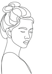 Woman face in single line art style. Continuous one line portrait. Continuous line art Woman face. Elegant minimalistic portrait for prints, tattoos, posters, textiles, postcards. Vector illustration